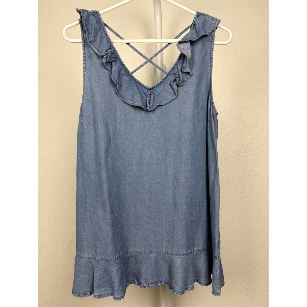 Doe & Rae Womens Blue Ruffle Tencel Crisscross Back Tank Top‎ Small